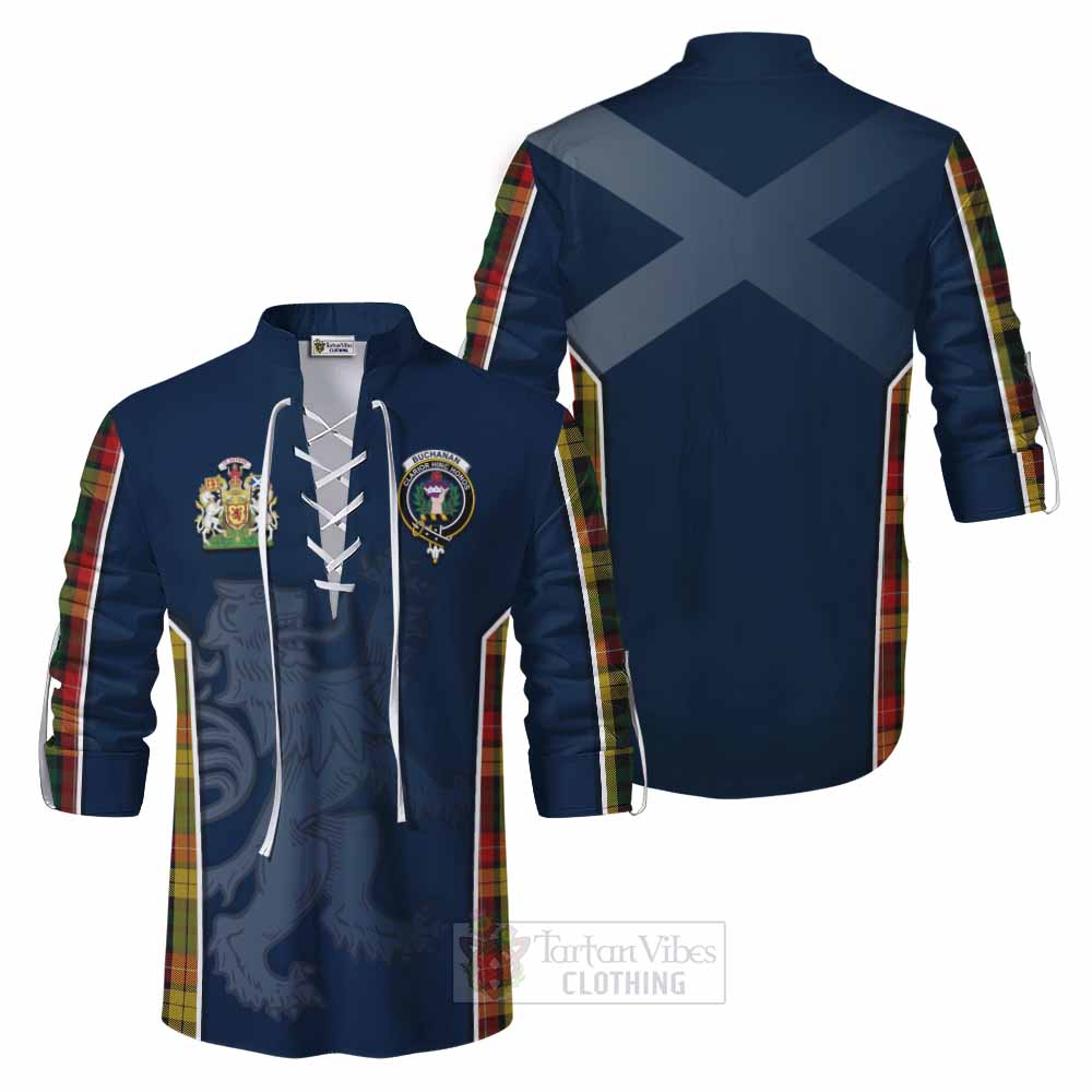 Tartan Vibes Clothing Buchanan Tartan Ghillie Kilt Shirt with Family Crest and Lion Rampant Vibes Sport Style