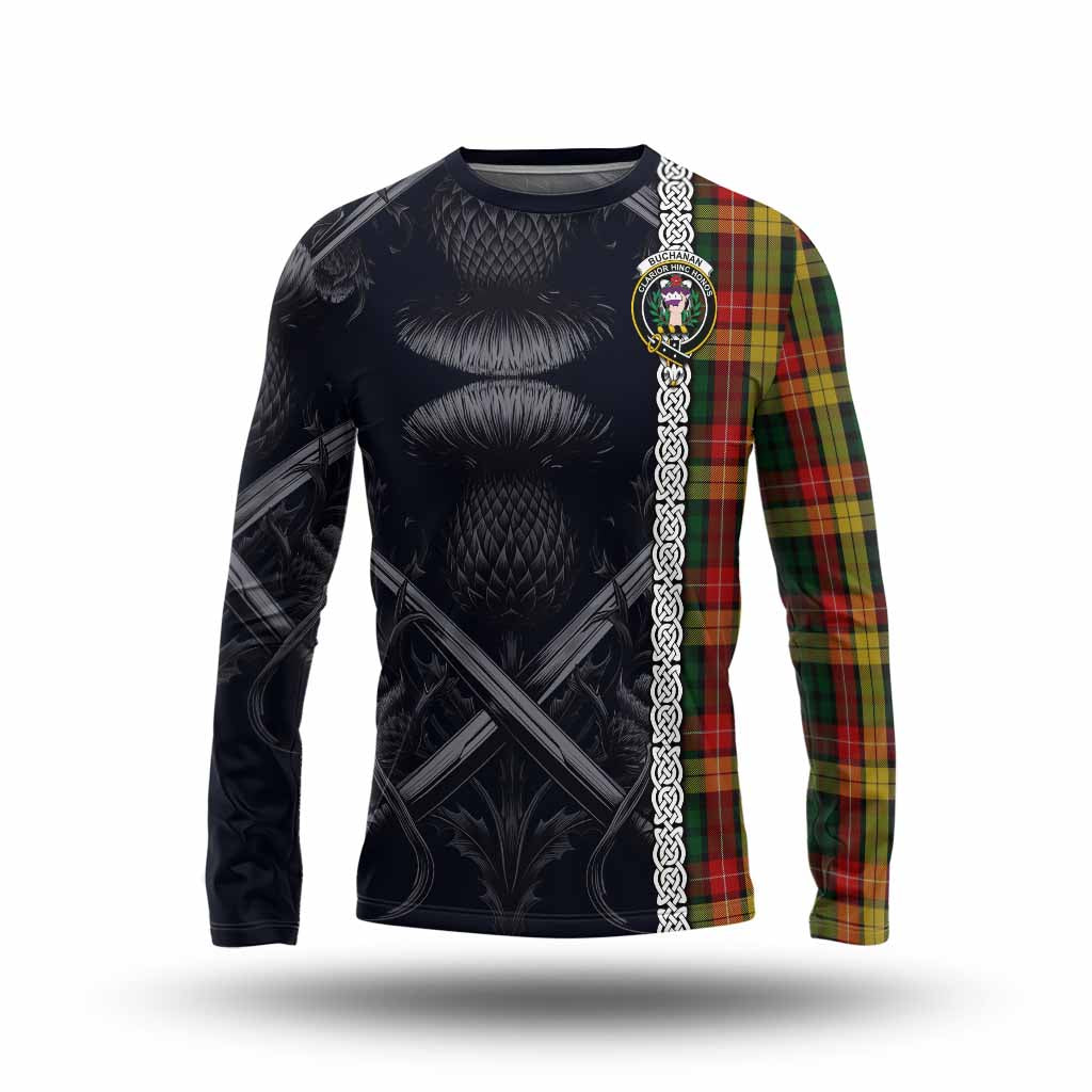 Buchanan Tartan Long Sleeve T-Shirt with Family Crest Cross Sword Thistle Celtic Vibes Unisex - Tartan Vibes Clothing