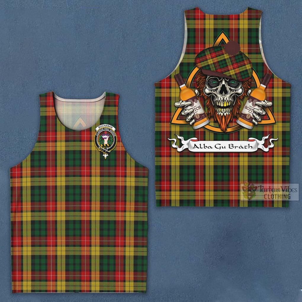 Tartan Vibes Clothing Buchanan Tartan Men's Tank Top with Family Crest and Bearded Skull Holding Bottles of Whiskey