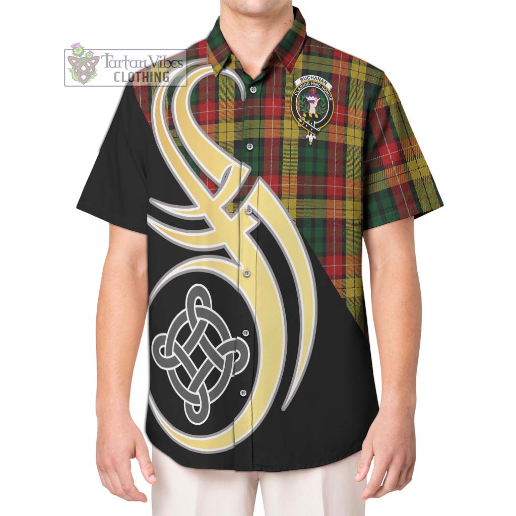 Buchanan Tartan Short Sleeve Button Shirt with Family Crest and Celtic Symbol Style Kid - Tartan Vibes Clothing