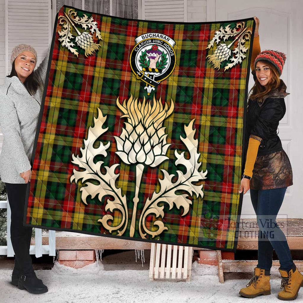 Tartan Vibes Clothing Buchanan Tartan Quilt with Family Crest and Golden Thistle Style