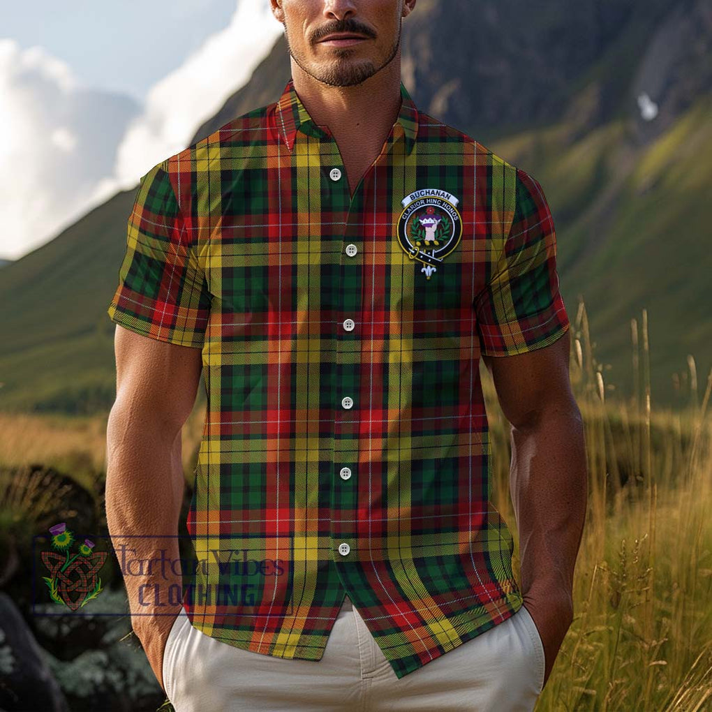 Buchanan Tartan Cotton Hawaiian Shirt with Family Crest Adult - Tartan Vibes Clothing