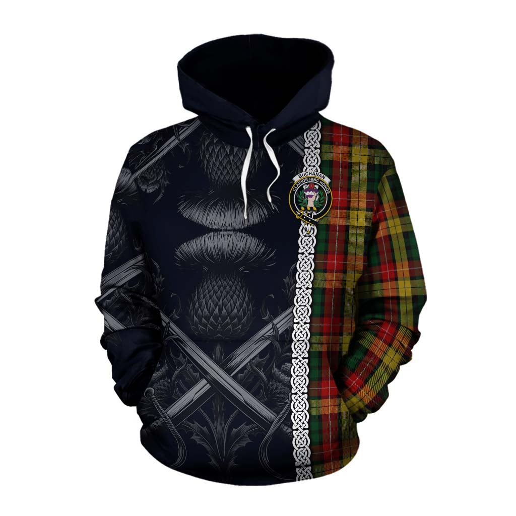 Buchanan Tartan Cotton Hoodie with Family Crest Cross Sword Thistle Celtic Vibes Pullover Hoodie XS - Tartan Vibes Clothing