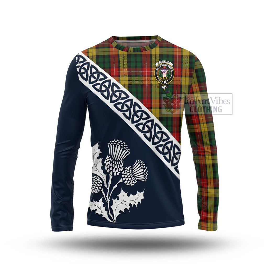 Tartan Vibes Clothing Buchanan Tartan Long Sleeve T-Shirt Featuring Thistle and Scotland Map