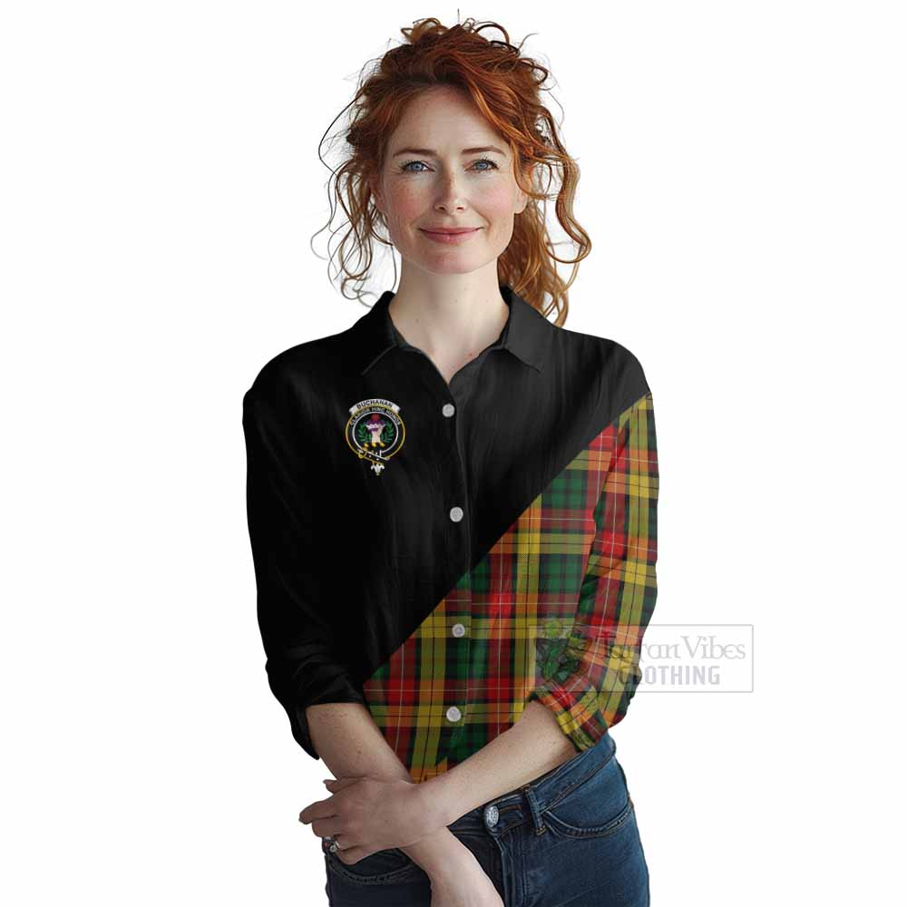 Tartan Vibes Clothing Buchanan Tartan Women's Casual Shirt with Family Crest and Military Logo Style