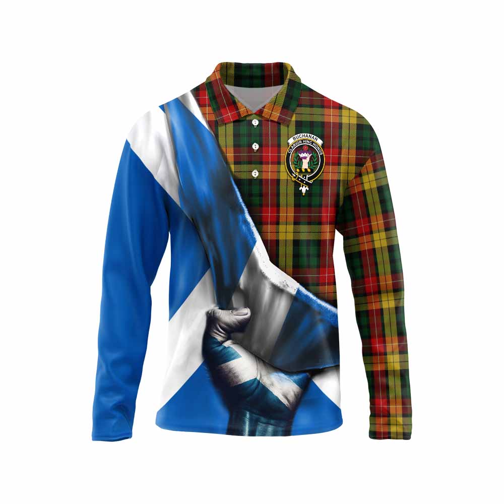 Tartan Vibes Clothing Buchanan Tartan Long Sleeve Polo Shirt with Family Crest Scotland Patriotic Style