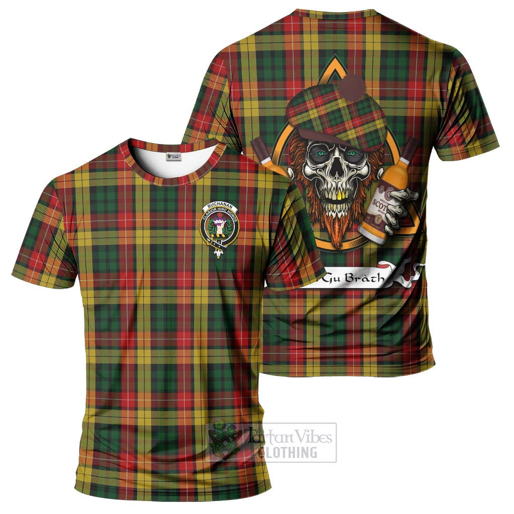 Tartan Vibes Clothing Buchanan Tartan T-Shirt with Family Crest and Bearded Skull Holding Bottles of Whiskey