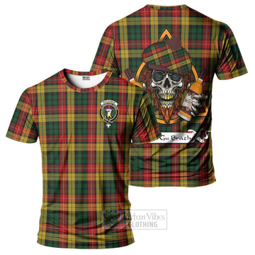 Buchanan Tartan T-Shirt with Family Crest and Bearded Skull Holding Bottles of Whiskey