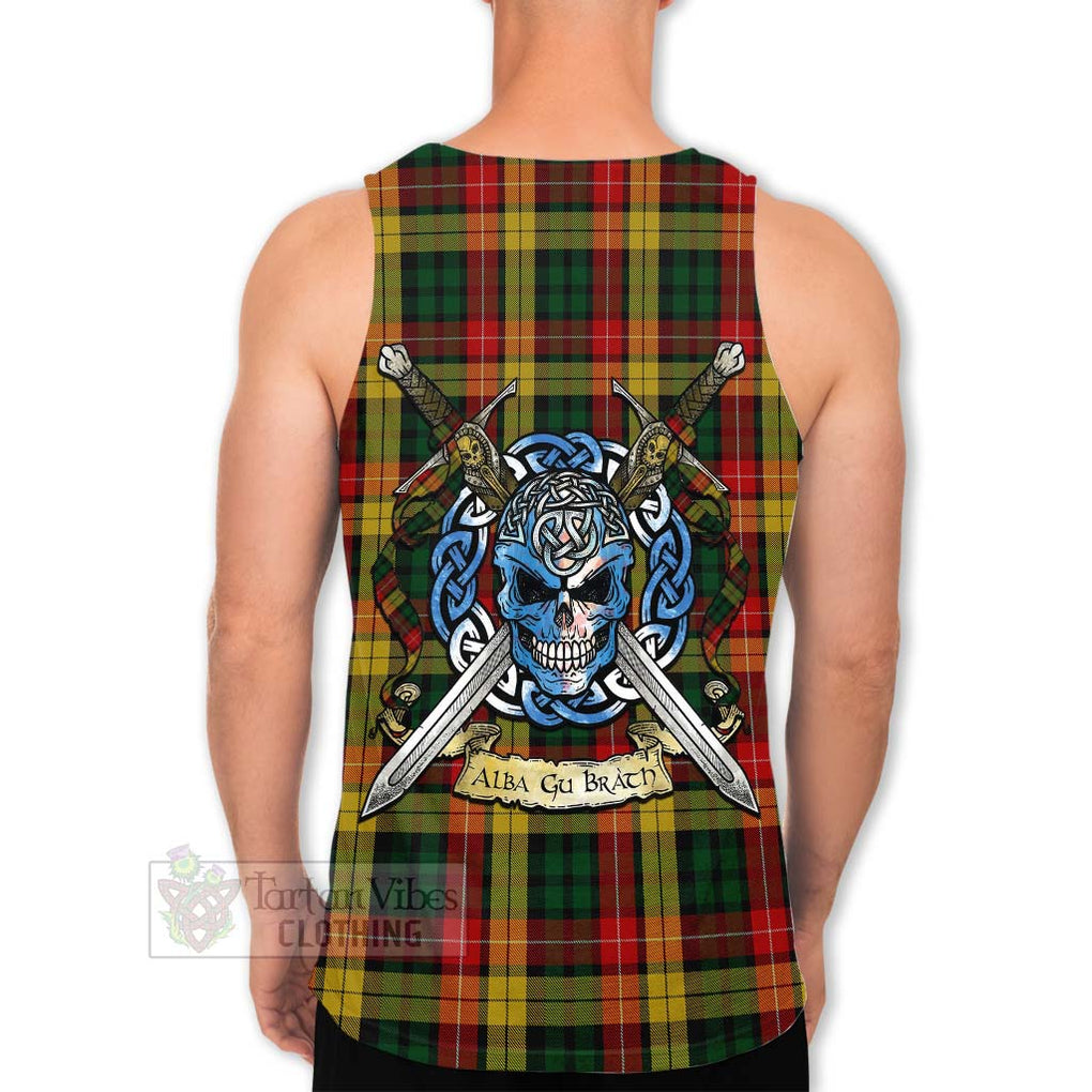 Buchanan Tartan Men's Tank Top with Family Crest Celtic Skull Style Men - Tartan Vibes Clothing