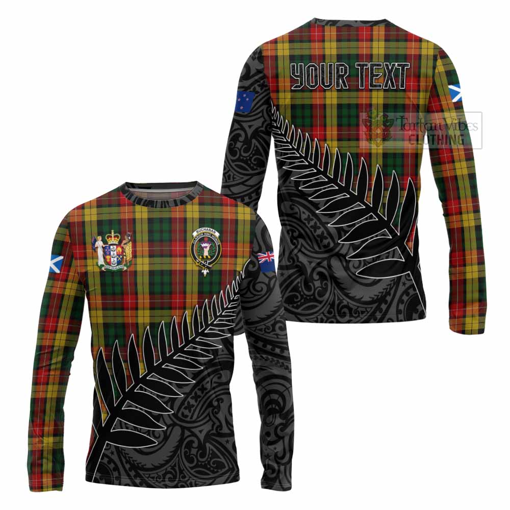 Tartan Vibes Clothing Buchanan Crest Tartan Long Sleeve T-Shirt with New Zealand Silver Fern Half Style