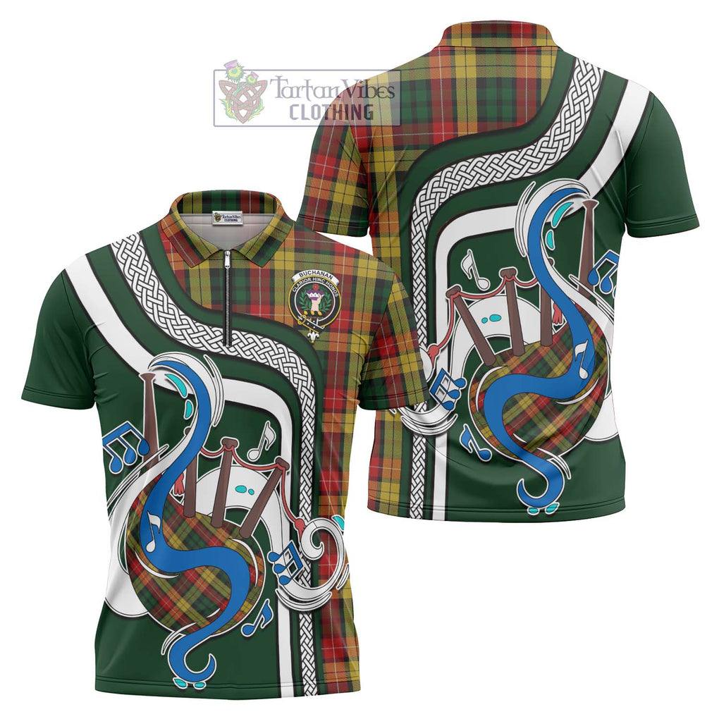 Buchanan Tartan Zipper Polo Shirt with Epic Bagpipe Style Unisex - Tartanvibesclothing Shop