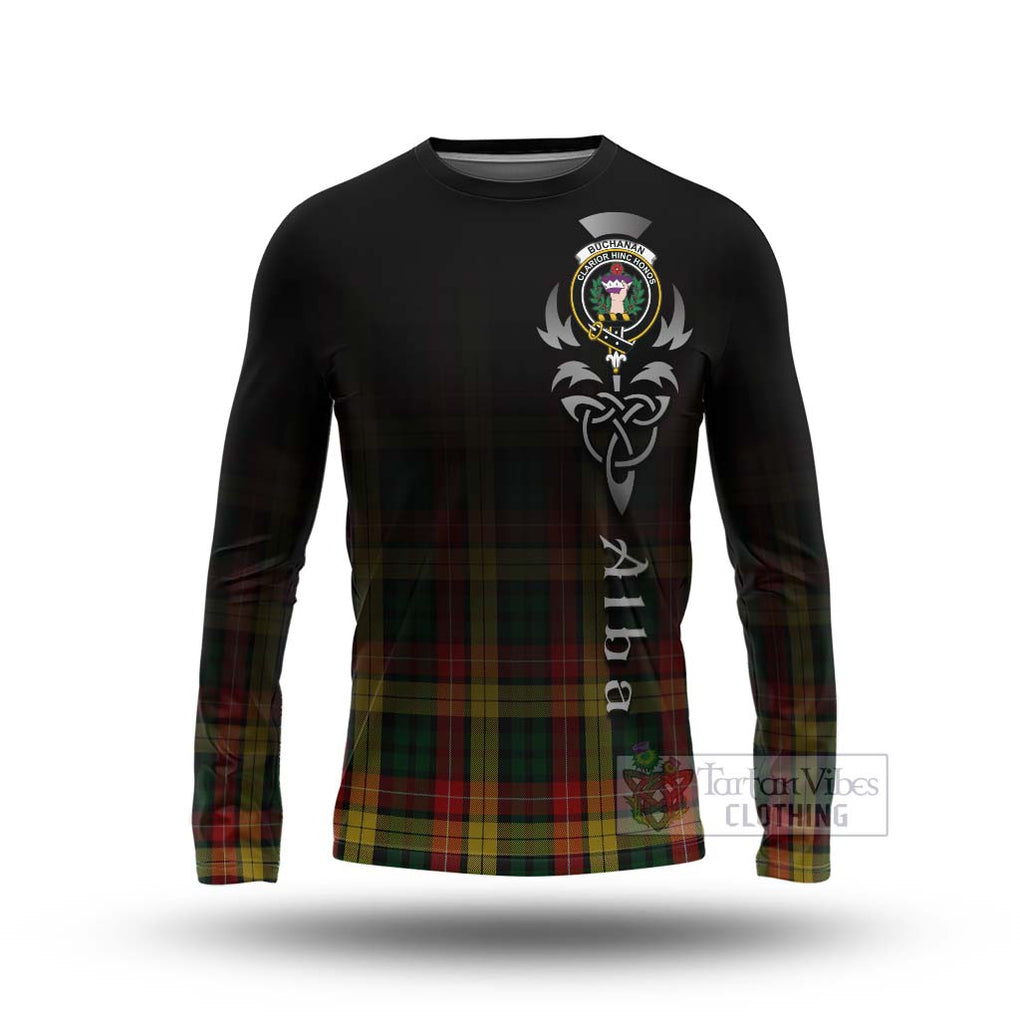 Tartan Vibes Clothing Buchanan Tartan Long Sleeve T-Shirt Featuring Alba Gu Brath Family Crest Celtic Inspired