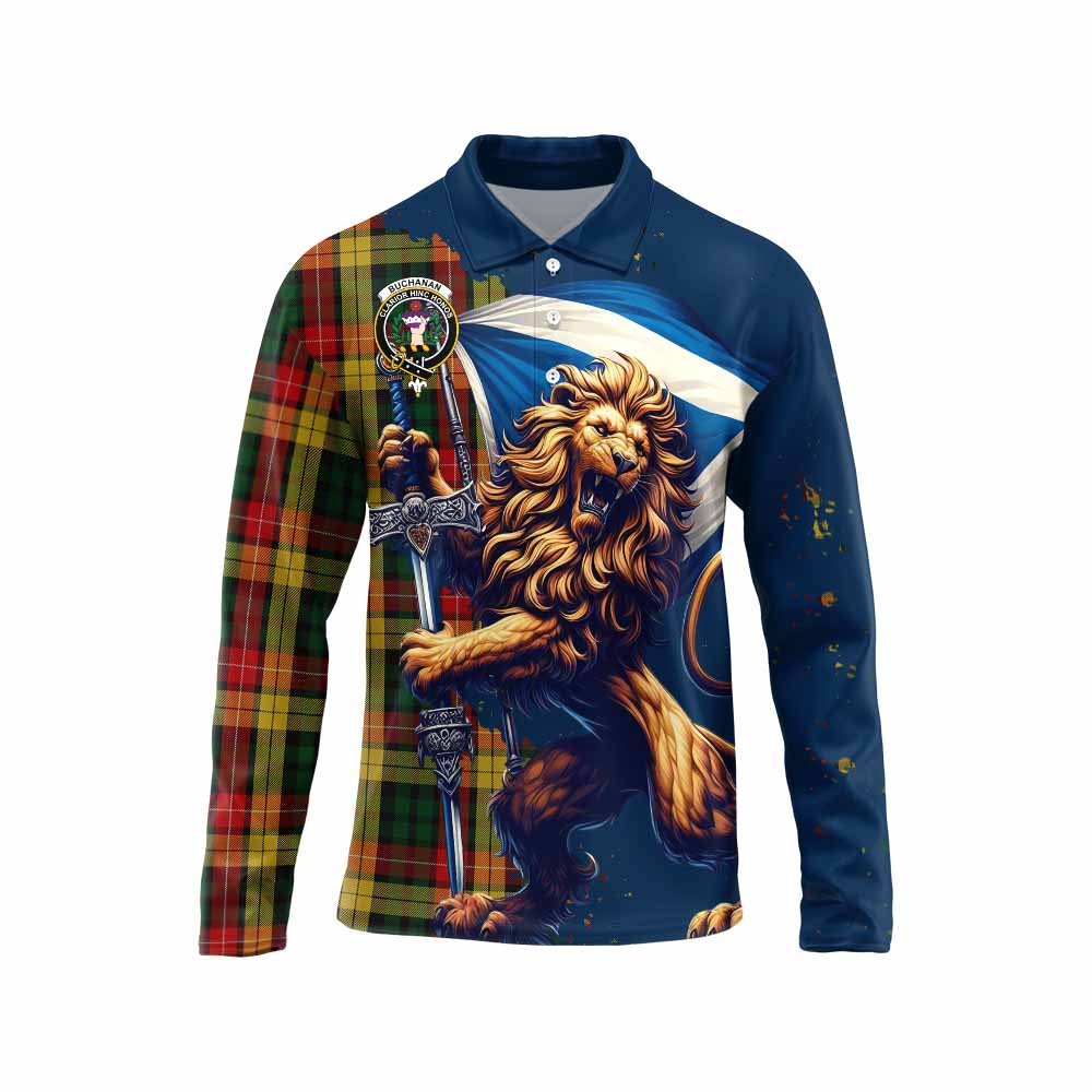 Tartan Vibes Clothing Buchanan Tartan Family Crest Long Sleeve Polo Shirt with Scottish Majestic Lion