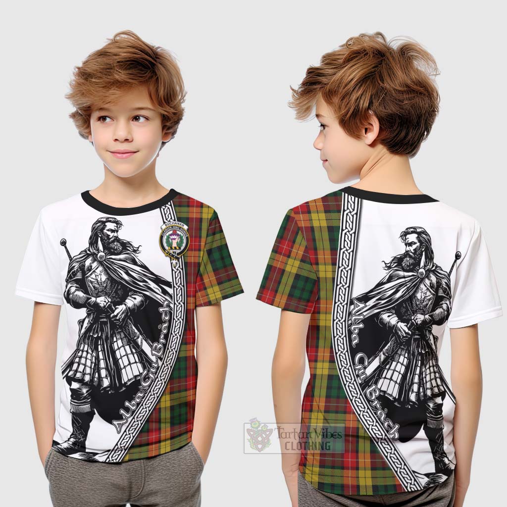 Tartan Vibes Clothing Buchanan Tartan Clan Crest Kid T-Shirt with Highlander Warrior Celtic Style