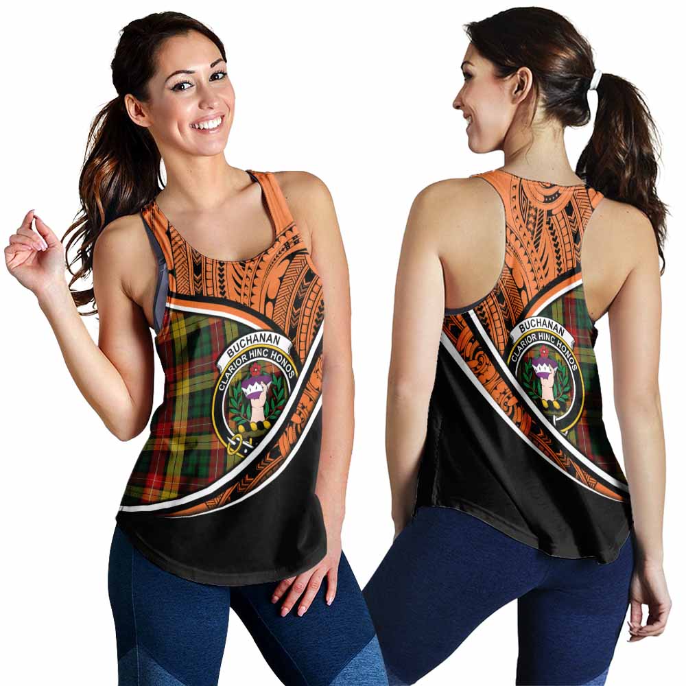 Tartan Vibes Clothing Buchanan Crest Tartan Women's Racerback Tanks with Maori Tattoo Style - Orange Version