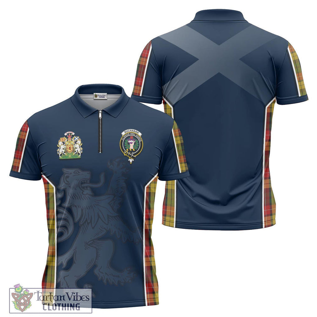 Tartan Vibes Clothing Buchanan Tartan Zipper Polo Shirt with Family Crest and Lion Rampant Vibes Sport Style