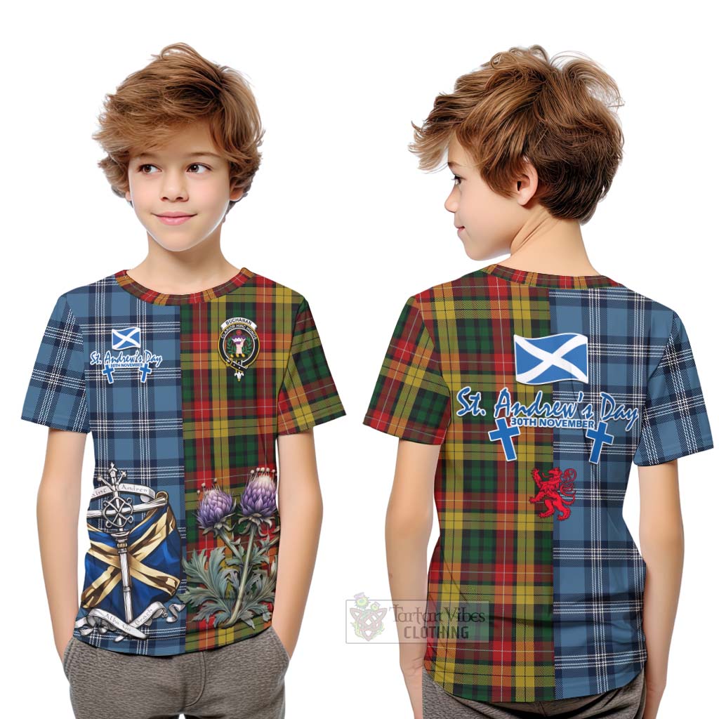 Tartan Vibes Clothing Buchanan Tartan Kid T-Shirt Happy St. Andrew's Day Half Tartan Style