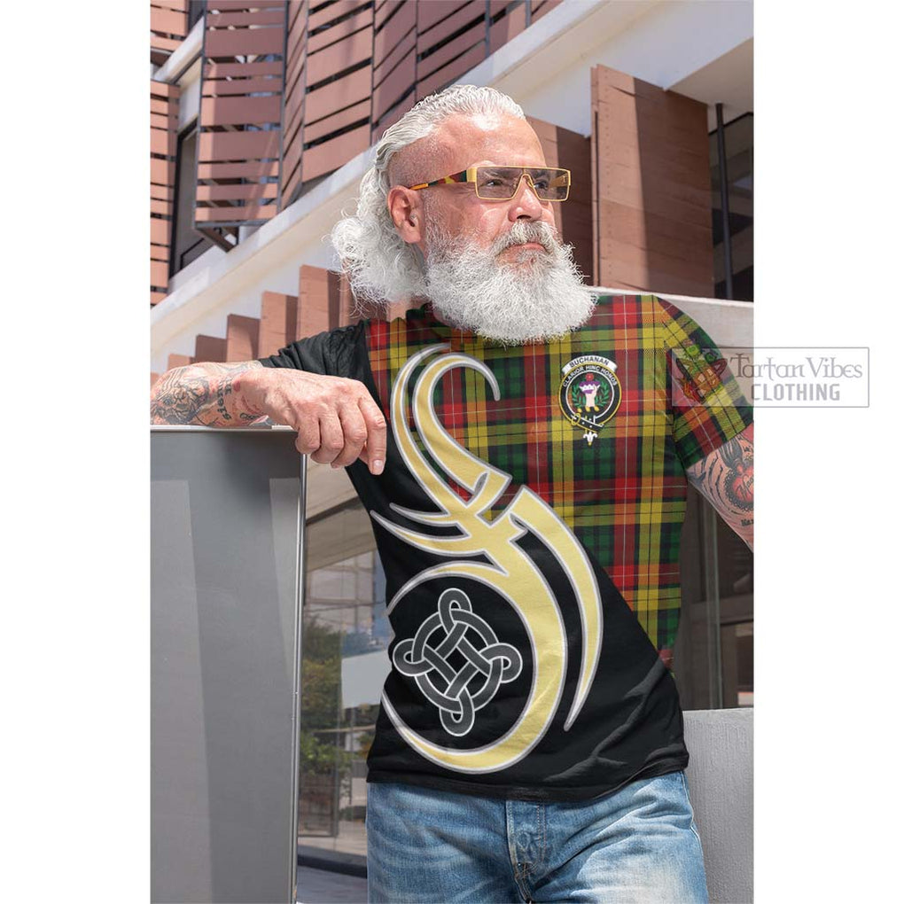 Tartan Vibes Clothing Buchanan Tartan Cotton T-shirt with Family Crest and Celtic Symbol Style