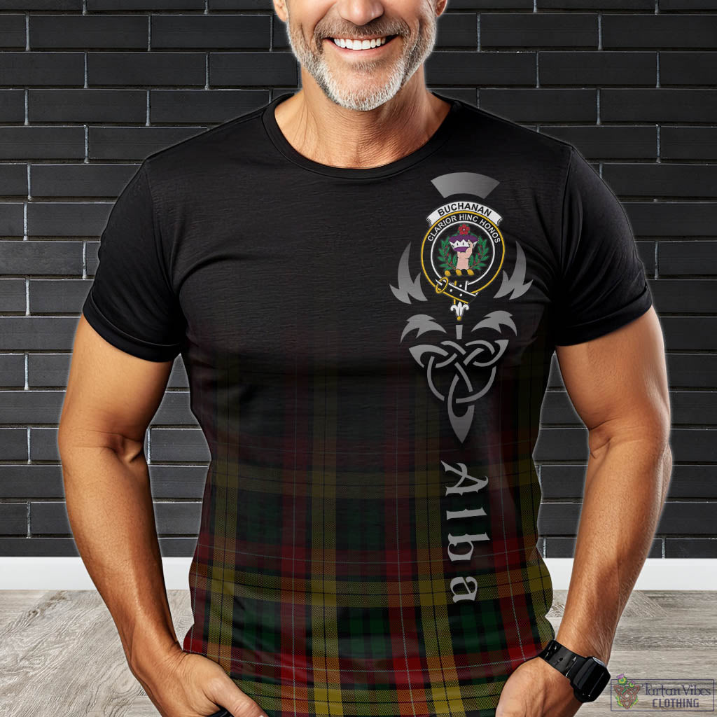 Tartan Vibes Clothing Buchanan Tartan T-Shirt Featuring Alba Gu Brath Family Crest Celtic Inspired