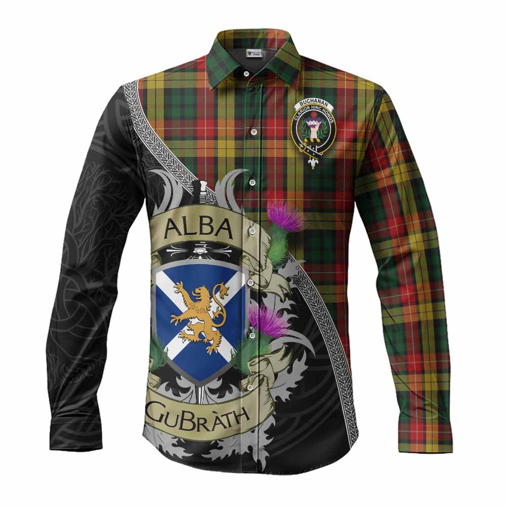 Buchanan Tartan Family Crest Long Sleeve Button Shirt Lion Rampant Royal Thistle Shield Celtic Inspired Men's Shirt S - Tartan Vibes Clothing