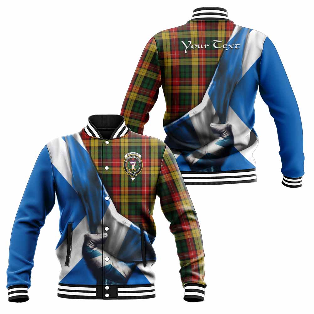 Tartan Vibes Clothing Buchanan Tartan Baseball Jacket with Family Crest Scotland Patriotic Style