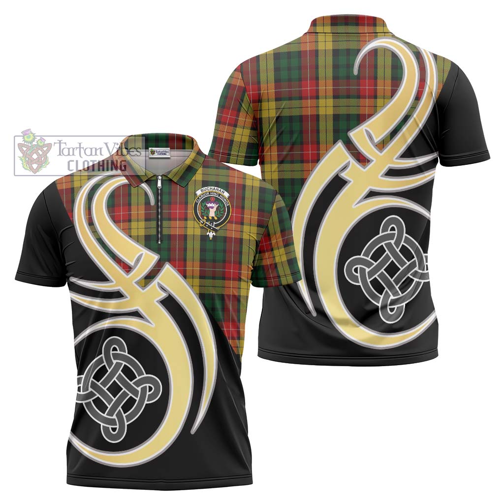 Tartan Vibes Clothing Buchanan Tartan Zipper Polo Shirt with Family Crest and Celtic Symbol Style