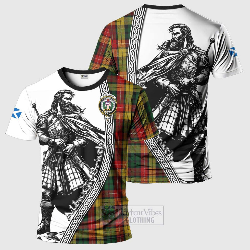 Tartan Vibes Clothing Buchanan Tartan Clan Crest T-Shirt with Highlander Warrior Celtic Style