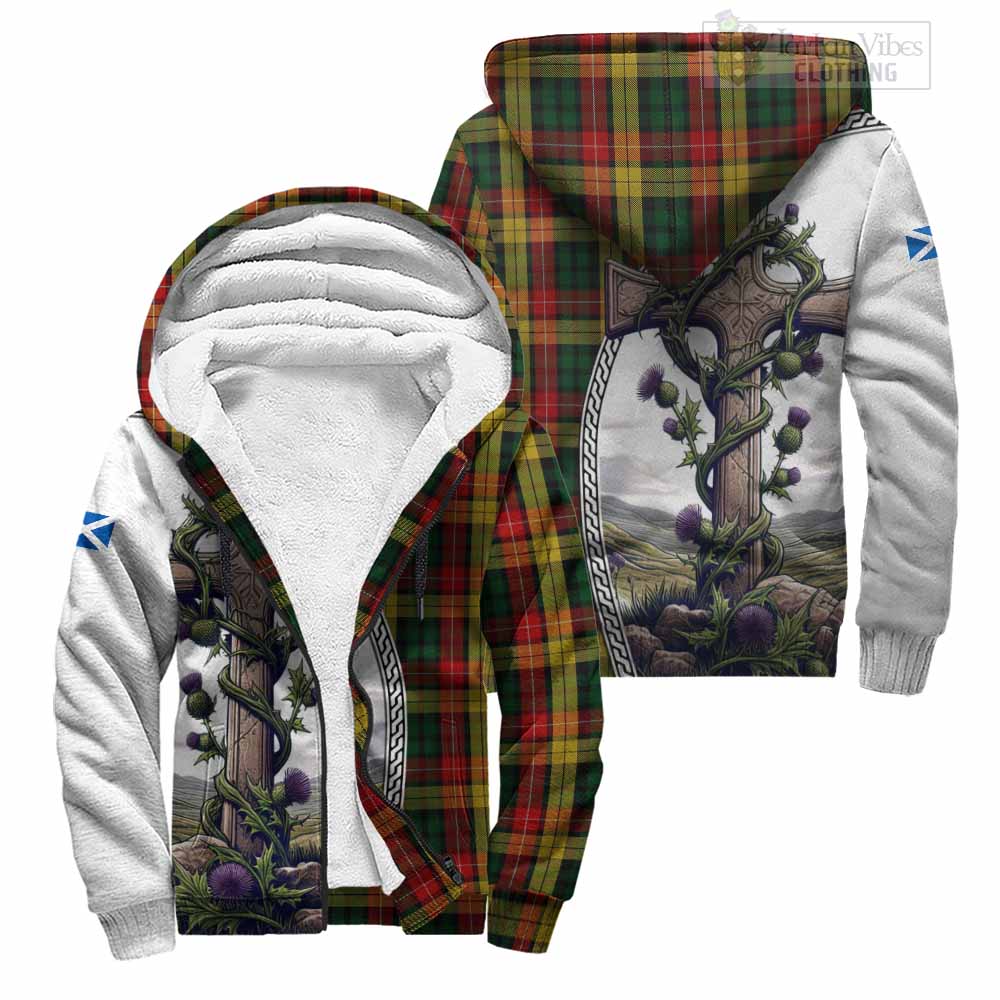 Tartan Vibes Clothing Buchanan Tartan Sherpa Hoodie with Family Crest and St. Andrew's Cross Accented by Thistle Vines