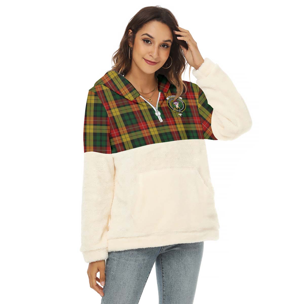 Buchanan Tartan Women's Borg Fleece Hoodie With Half Zip with Family Crest Female - Tartan Vibes Clothing