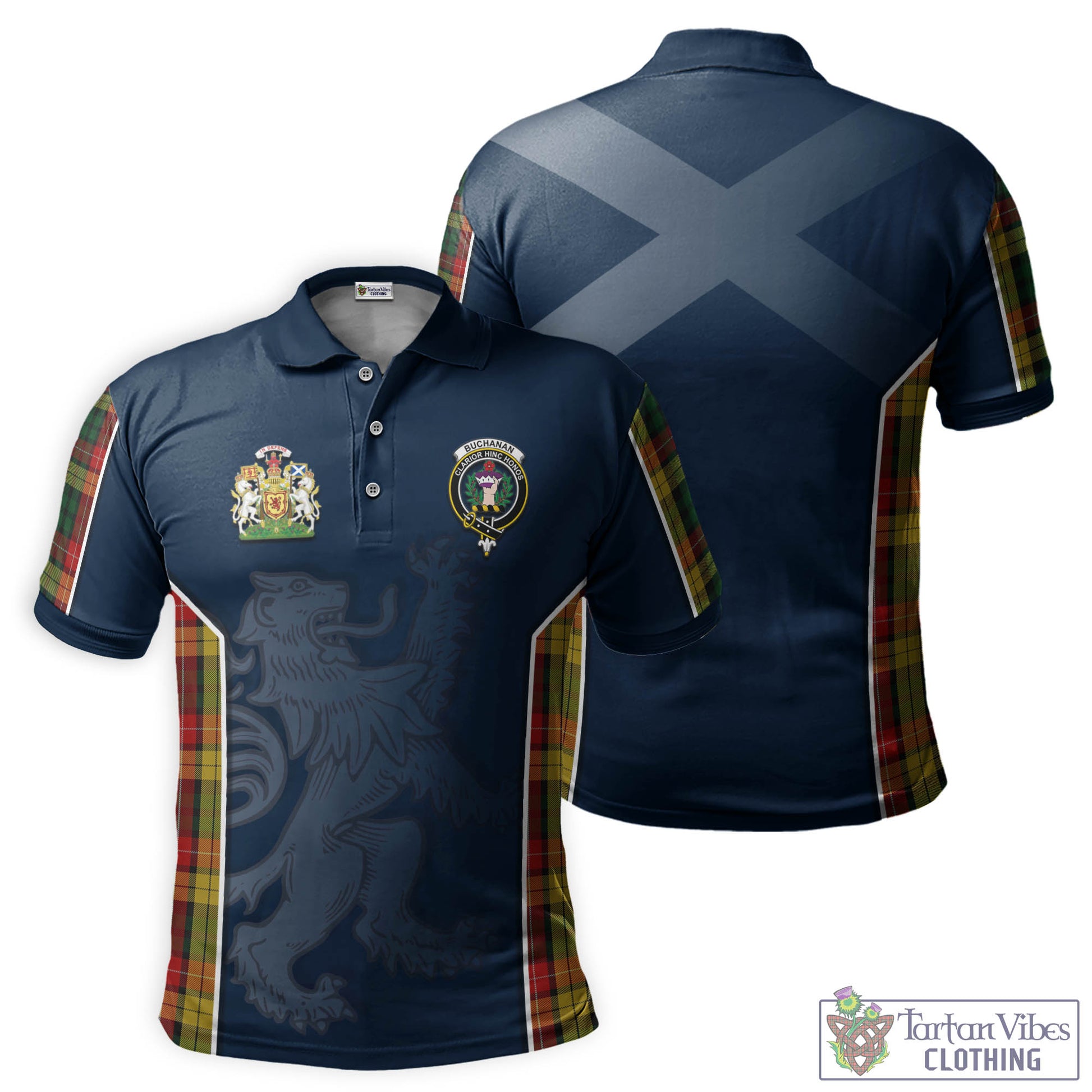 Tartan Vibes Clothing Buchanan Tartan Men's Polo Shirt with Family Crest and Lion Rampant Vibes Sport Style