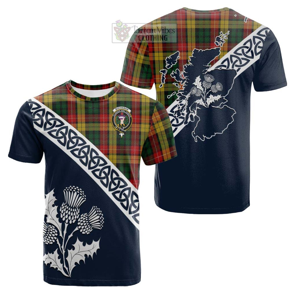 Tartan Vibes Clothing Buchanan Tartan Cotton T-shirt Featuring Thistle and Scotland Map