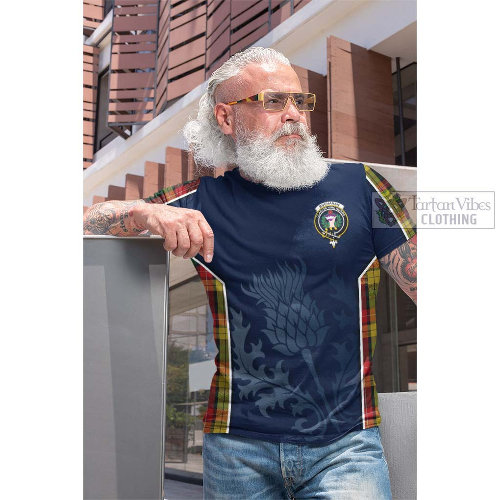 Tartan Vibes Clothing Buchanan Tartan Cotton T-shirt with Family Crest and Scottish Thistle Vibes Sport Style