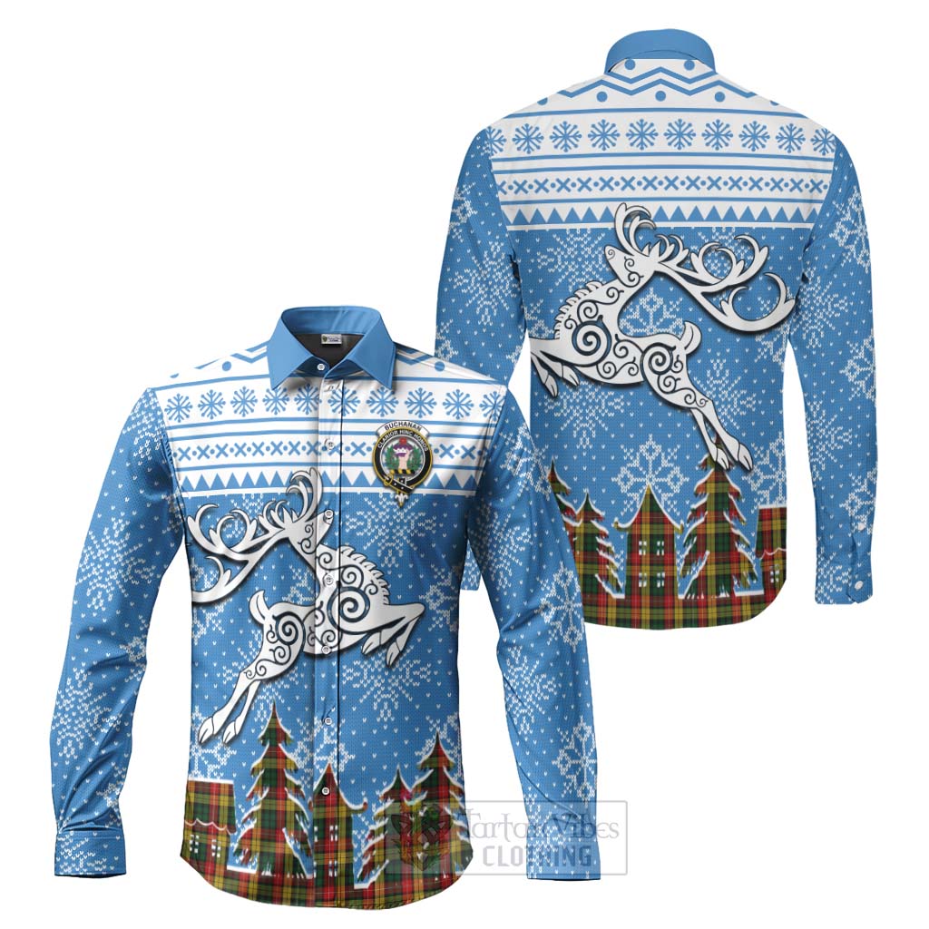 Tartan Vibes Clothing Buchanan Clan Christmas Long Sleeve Button Shirt Celtic Reindeer Style