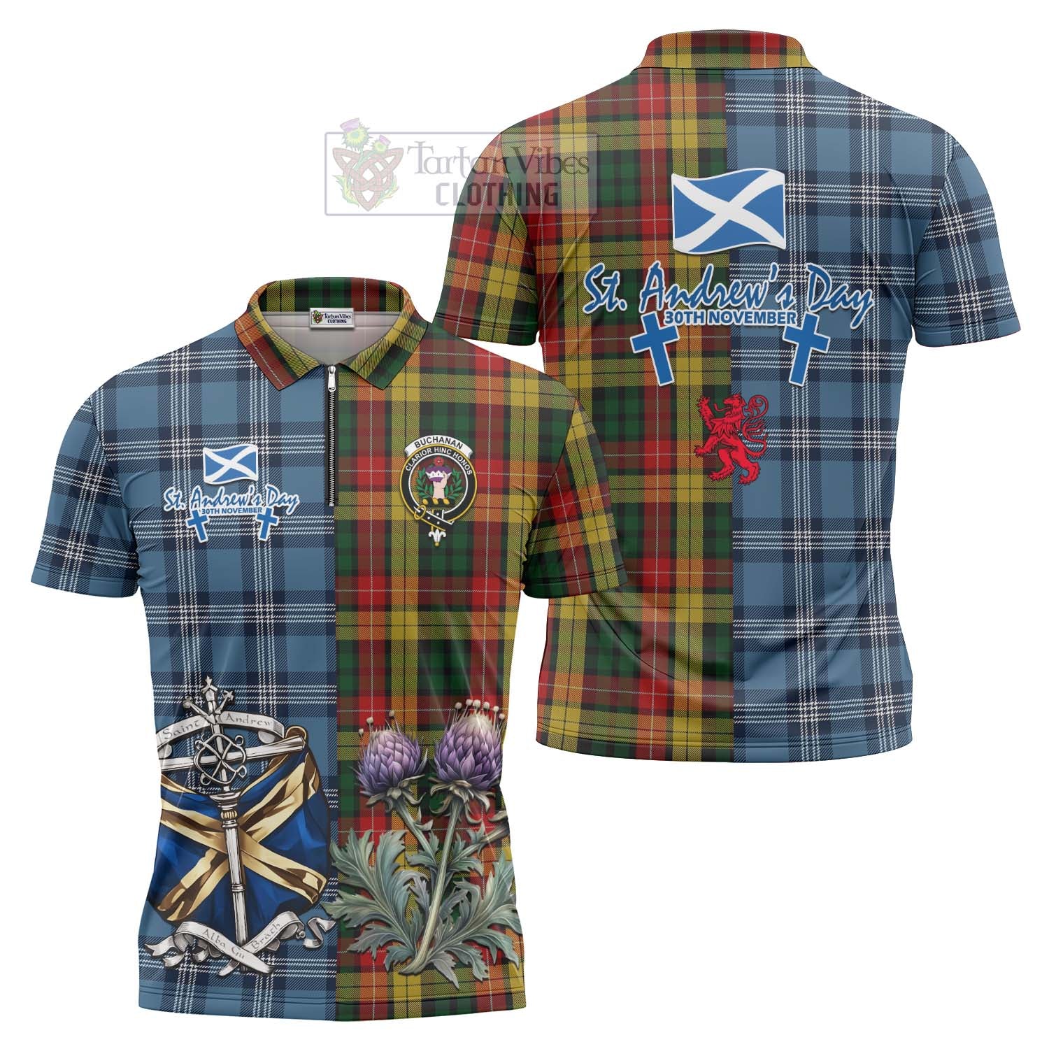 Tartan Vibes Clothing Buchanan Tartan Zipper Polo Shirt Happy St. Andrew's Day Half Tartan Style