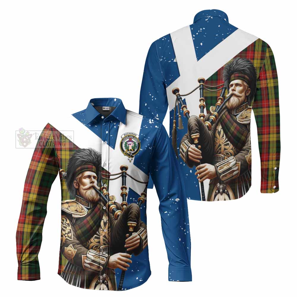 Tartan Vibes Clothing Buchanan Tartan Long Sleeve Button Shirt with Family Crest Scottish Bagpiper Vibes