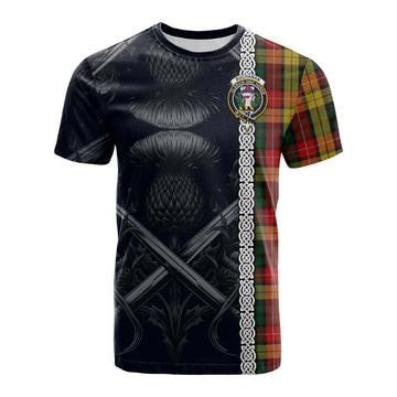 Buchanan Tartan Cotton T-shirt with Family Crest Cross Sword Thistle Celtic Vibes