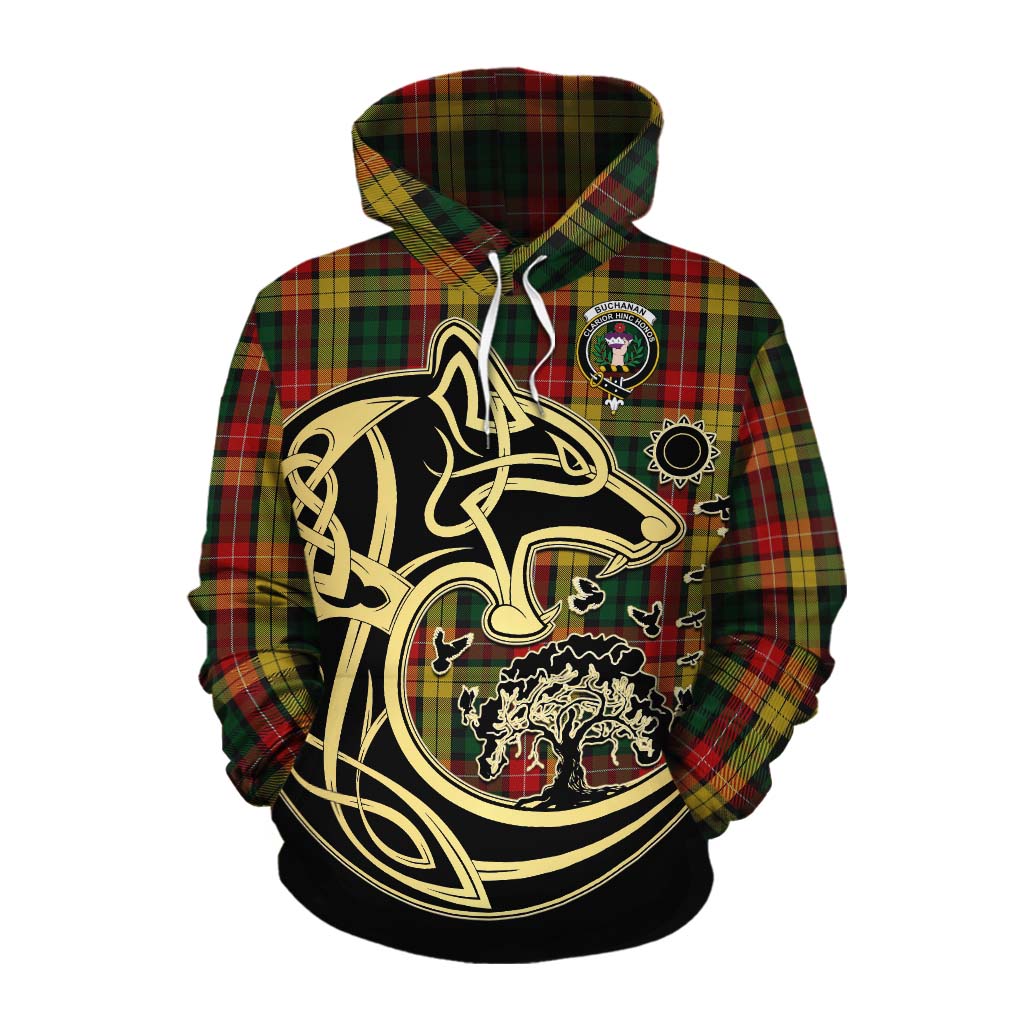 Tartan Vibes Clothing Buchanan Tartan Cotton Hoodie with Family Crest Celtic Wolf Style