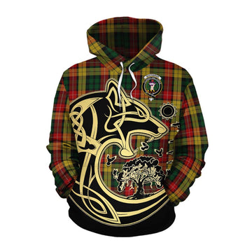 Buchanan Tartan Cotton Hoodie with Family Crest Celtic Wolf Style