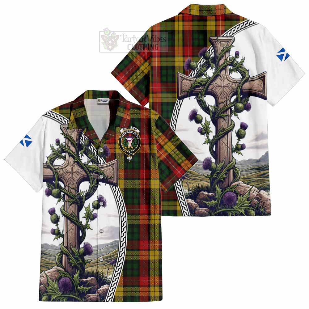 Tartan Vibes Clothing Buchanan Tartan Short Sleeve Button Shirt with Family Crest and St. Andrew's Cross Accented by Thistle Vines