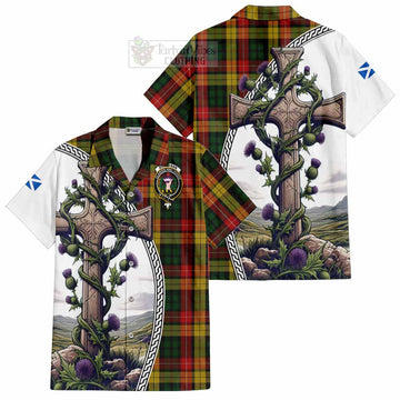 Buchanan Tartan Short Sleeve Button Shirt with Family Crest and St. Andrew's Cross Accented by Thistle Vines