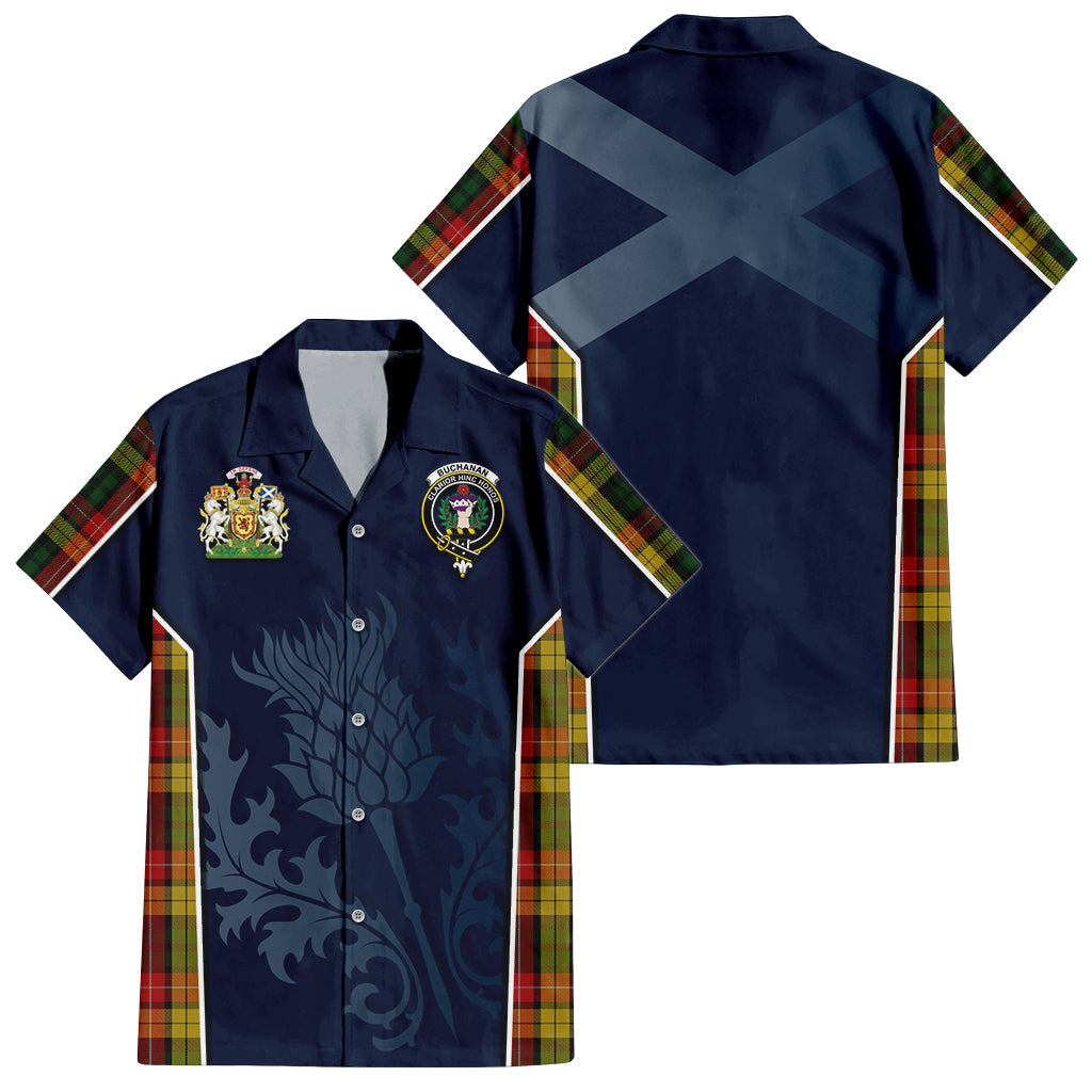 Tartan Vibes Clothing Buchanan Tartan Short Sleeve Button Up Shirt with Family Crest and Scottish Thistle Vibes Sport Style