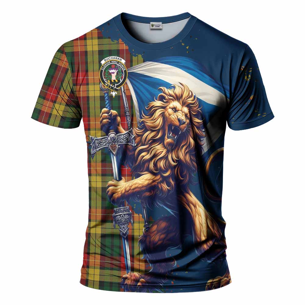 Tartan Vibes Clothing Buchanan Tartan Family Crest T-Shirt with Scottish Majestic Lion