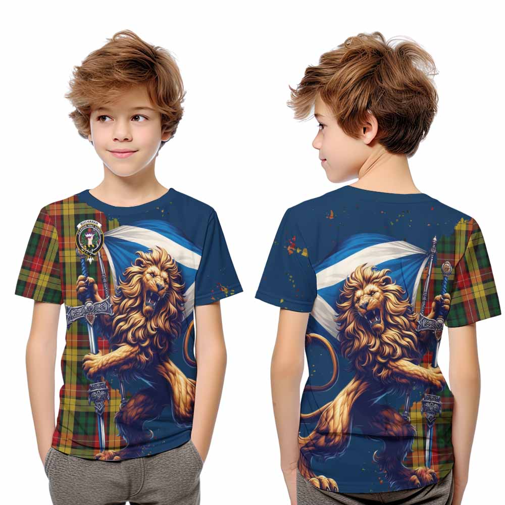 Tartan Vibes Clothing Buchanan Tartan Family Crest Kid T-Shirt with Scottish Majestic Lion