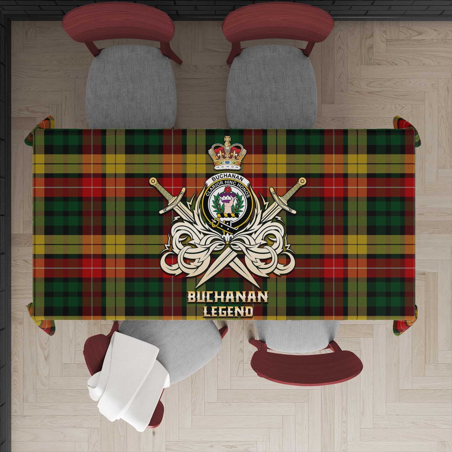 Tartan Vibes Clothing Buchanan Tartan Tablecloth with Clan Crest and the Golden Sword of Courageous Legacy