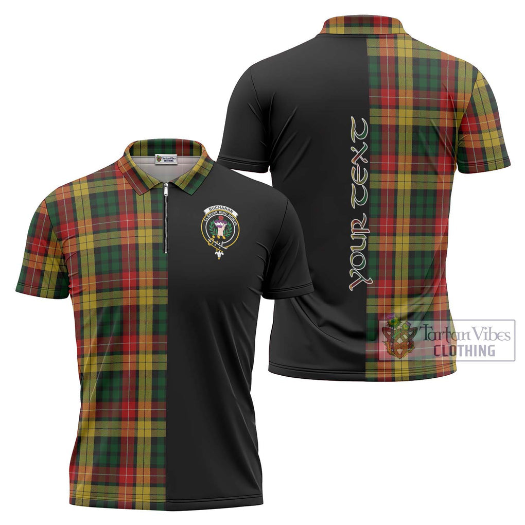 Buchanan Tartan Zipper Polo Shirt with Family Crest and Half Of Me Style Unisex - Tartanvibesclothing Shop