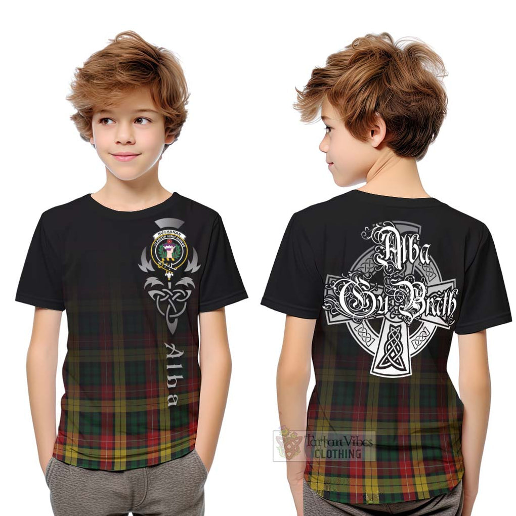 Tartan Vibes Clothing Buchanan Tartan Kid T-Shirt Featuring Alba Gu Brath Family Crest Celtic Inspired