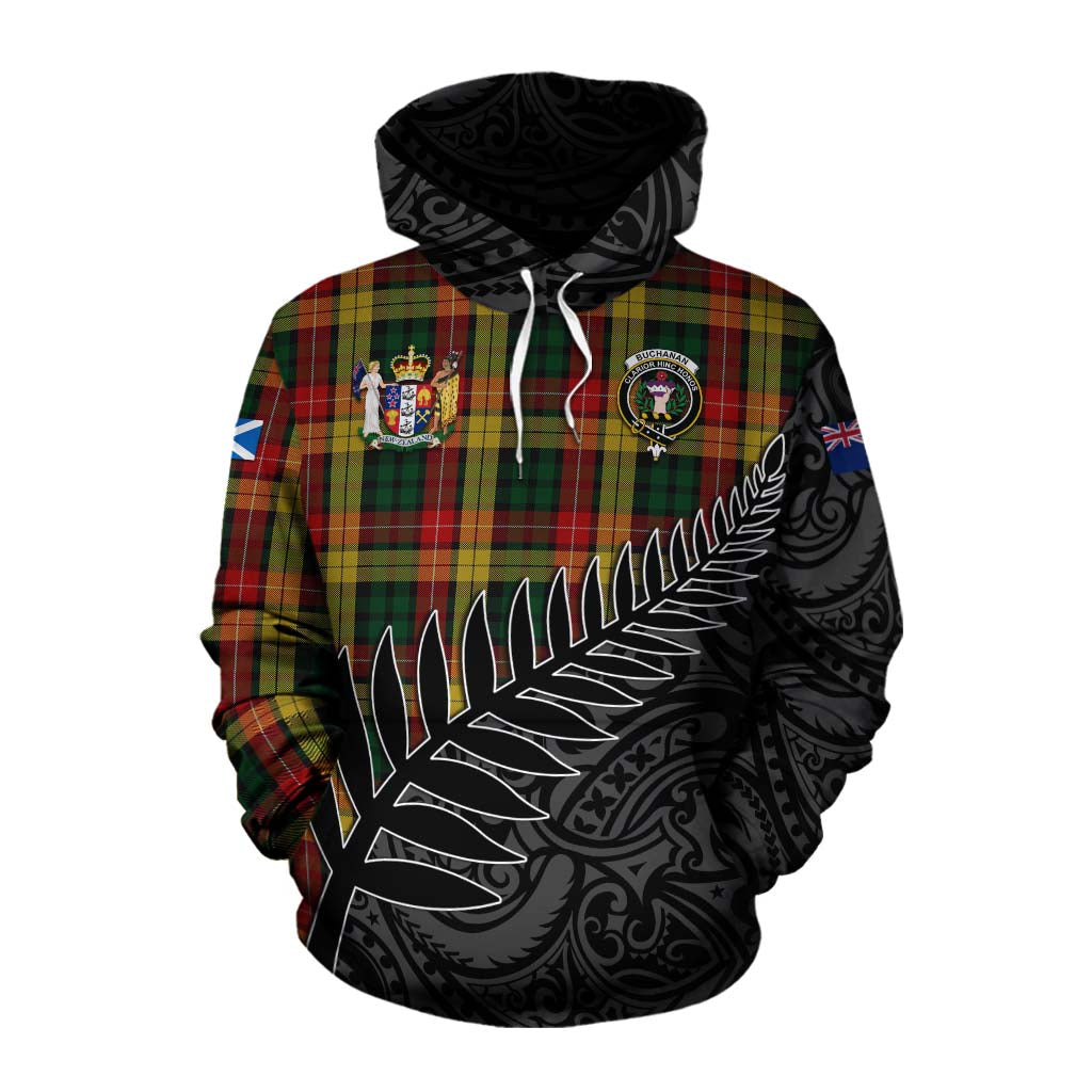 Tartan Vibes Clothing Buchanan Crest Tartan Cotton Hoodie with New Zealand Silver Fern Half Style