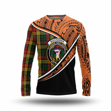 Buchanan Crest Tartan Long Sleeve T-Shirt with Polynesian Vibes Style - Orange Version