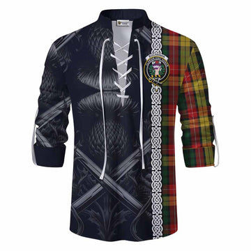 Buchanan Tartan Ghillie Kilt Shirt with Family Crest Cross Sword Thistle Celtic Vibes