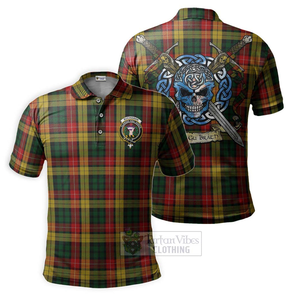 Tartan Vibes Clothing Buchanan Tartan Polo Shirt with Family Crest Celtic Skull Style